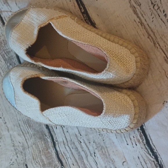 Clara Duran Off White Tweed Silver Captoe Espadrille 1" Platform Slip ons 37 7 - Picture 6 of 11